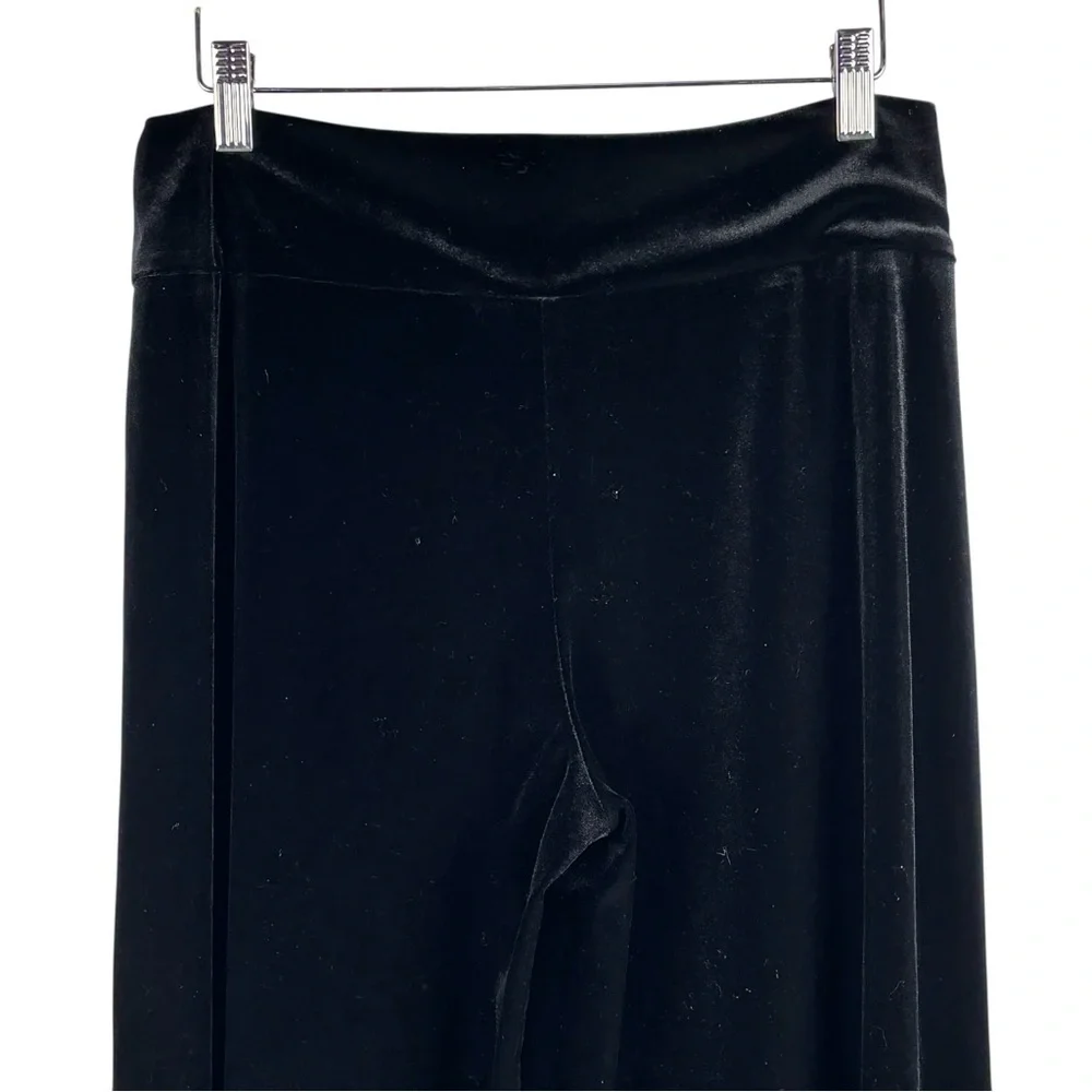 EMILY SHALANT BLACK STRETCH VELVET PULL ON WIDE LEG TROUSER PANTS